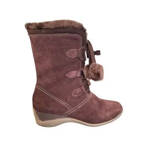 Brilliant Suede Leather Side Zip Faux Fur Waterproof Boots Women's Size 8W Brown